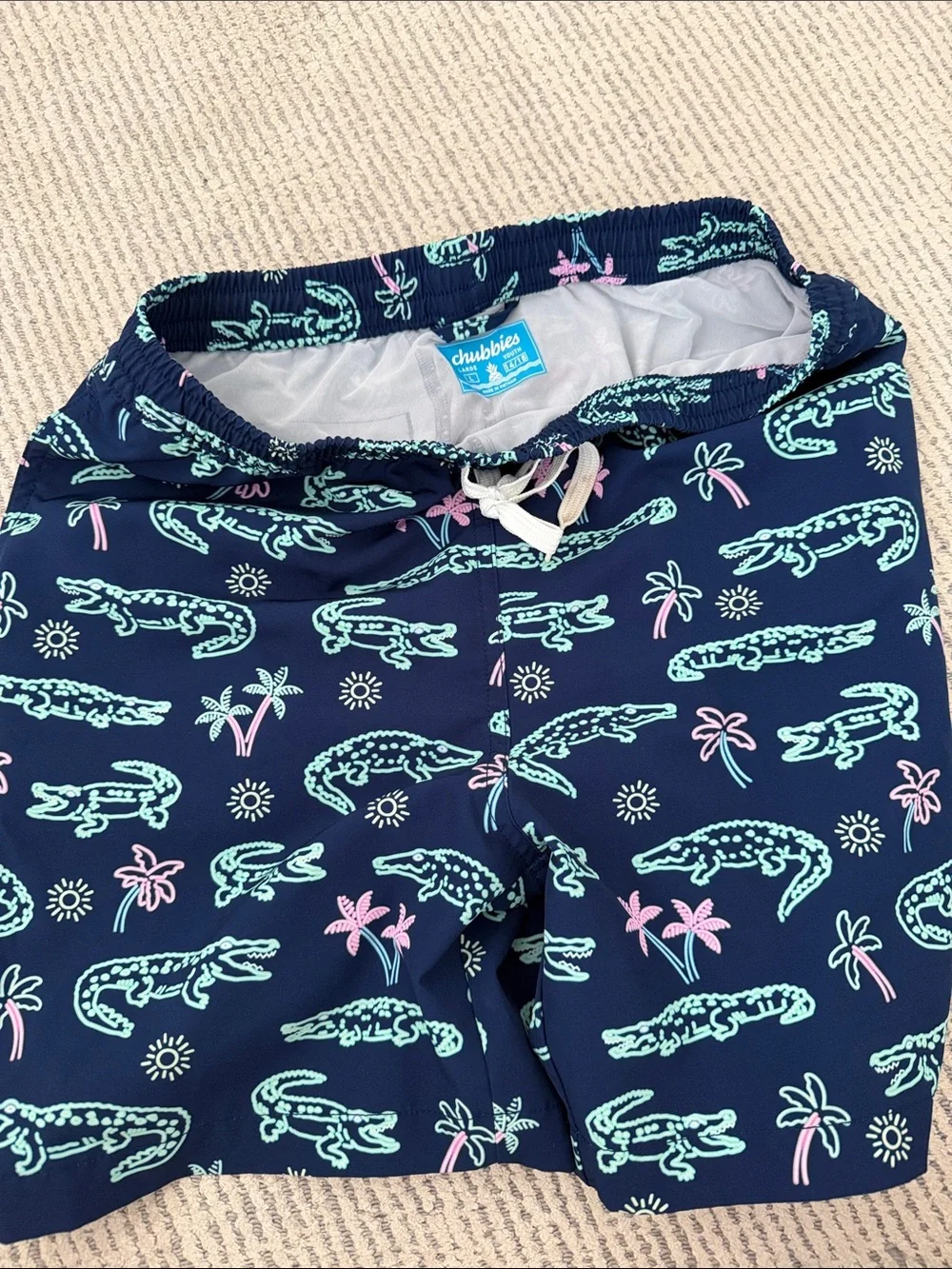 Youth chubbies Navy Swim Trunks with Mint Green Alligator & Pink Palm Print